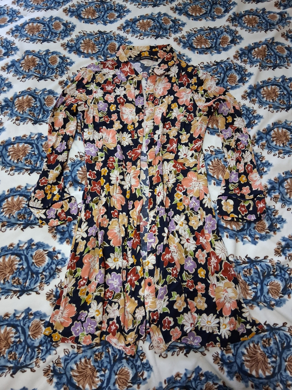 Zara Floral Button-Front Shirt Dress in Black with Multi-Color Blooms